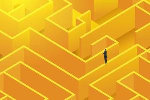 Businessman stands on wall a large complex maze. vector