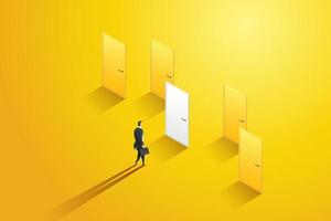 Businessman decides on a white door among the yellow doors. vector