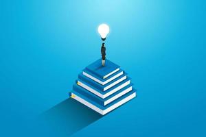 Businesswoman standing on top stack  books with lightbulbs. vector