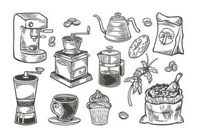 Hand drawn Coffee set with vintage engraving style vector