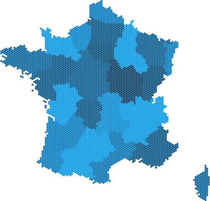 Blue hexagon France map on white background.