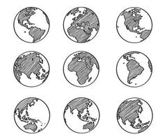 Collection of freehand world map sketch on globe. vector
