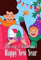 Merry Christmas and Happy New Year poster. Cheerful mom and daughter vector