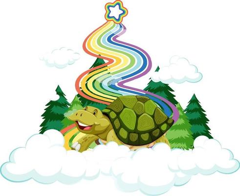 A turtle sitting on the cloud with rainbow on white background