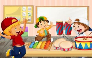 niños en el aula con varios instrumentos musicales. vector