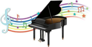 Piano with melody symbols on rainbow wave