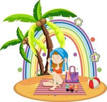 Rainbow on the island with a girl on the beach vector