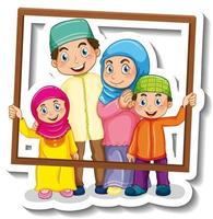 Sticker template with Muslim family cartoon character vector