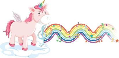 unicornio parado en la nube con símbolos de melodía en la onda del arco iris vector