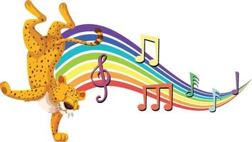 Leopard dancing with melody symbols on rainbow vector