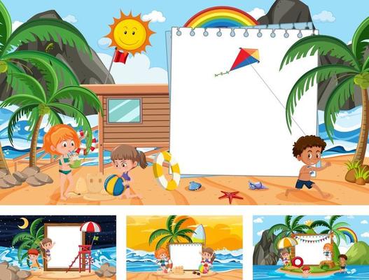 Set of blank banner in different tropical beach scenes