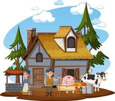 Ancient farmhouse with people on white background vector