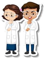 Pegatina de personaje de dibujos animados con una pareja de científicos en bata de ciencia vector