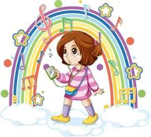 chica con símbolos de melodía en arco iris vector