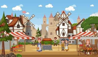 Escena de la ciudad medieval con aldeanos en la plaza del mercado. vector