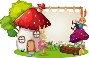 Blank banner in the garden with two rabbits isolated vector