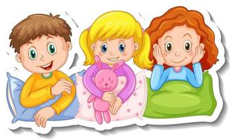 Sticker template with three kids in pajamas costumes isolated vector