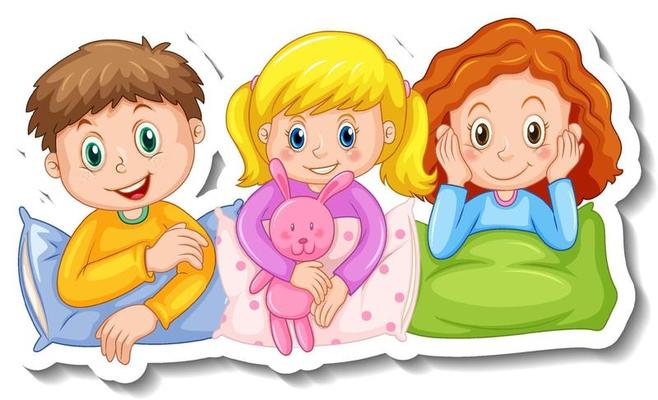 Sticker template with three kids in pajamas costumes isolated
