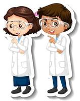 Cartoon character sticker with couple scientists in science gown vector