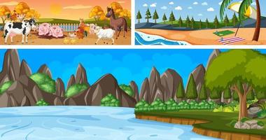 Diferentes escenas de paisajes al aire libre con personaje de dibujos animados. vector