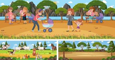 Set of different outdoor landscape scenes with cartoon character vector