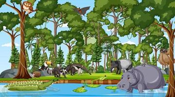 Forest at daytime scene with many different wild animals vector