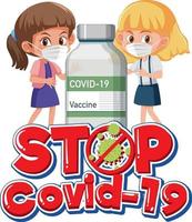 detener el logotipo de texto covid-19 con niños y botella de vacuna covid-19