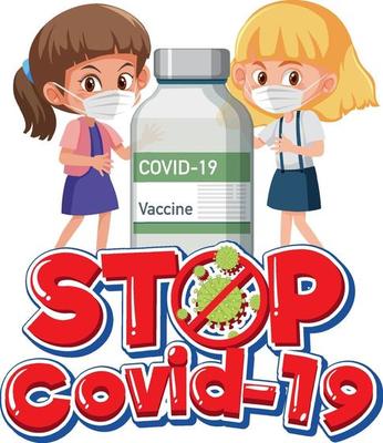 Stop Covid-19 text logo with children and covid-19 vaccine bottle