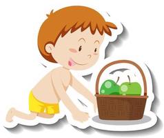 A little boy with green apple in the basket cartoon sticker vector