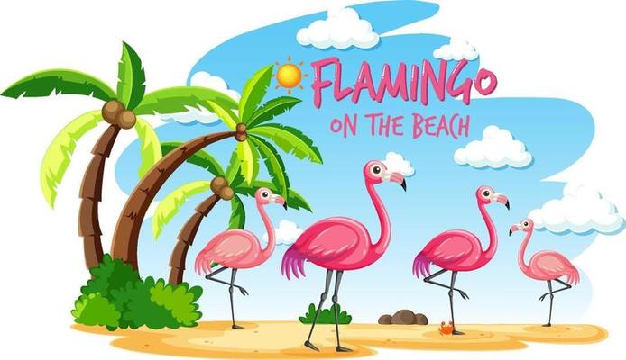 Flamingo on the beach banner with many kids at the beach