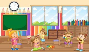 Kindergarten room scene with many little kids vector