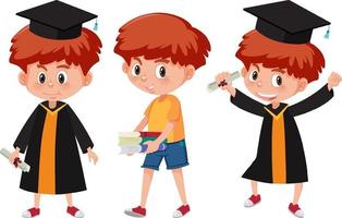 conjunto de un niño con toga de graduación en diferentes poses vector