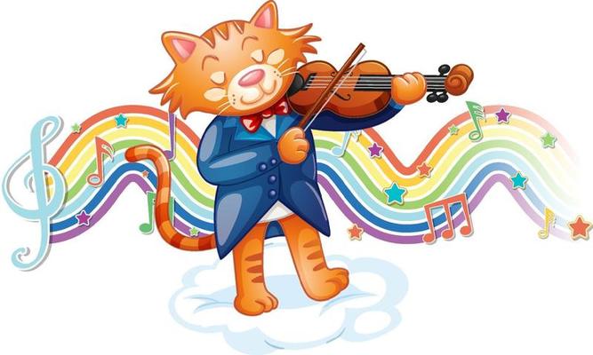 Cat playing violin with melody symbols on rainbow wave