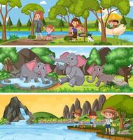 paisaje de naturaleza diferente en la escena diurna con personaje de dibujos animados vector