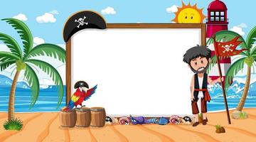 Empty banner template with pirate man at the beach daytime scene vector