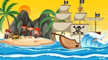 escena de la isla del tesoro al atardecer con niños piratas vector