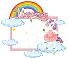 Banner vacío con lindo personaje de dibujos animados de unicornio sobre fondo blanco. vector