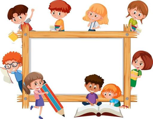 Empty wooden frame with many school kids cartoon character