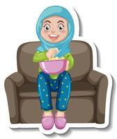 A sticker template with a muslim girl sitting on sofa vector