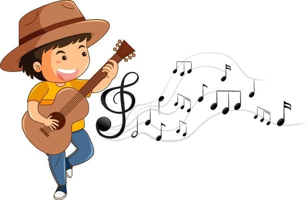 Cartoon character of a boy playing guitar with melody symbols