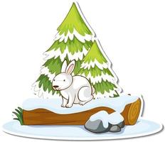 A white rabbit with pine tree covered with snow sticker vector