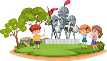 niños en el parque con estatua de caballero vector