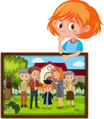 Cartoon character of a girl holding her graduation photo