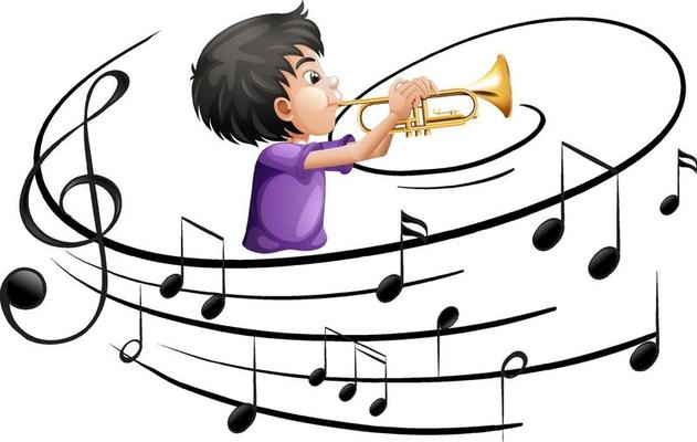 Cartoon character of a man playing trumpet with musical melody symbols