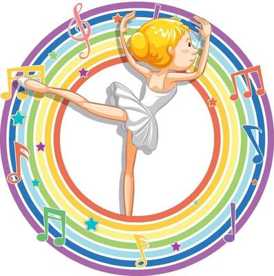 Ballerina in rainbow round frame with melody symbols