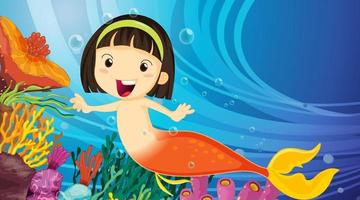 Underwater scene with little mermaid cartoon character vector