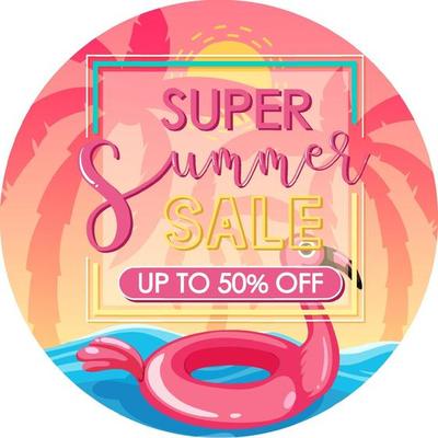 Super Summer Sale text banner with pink beach background