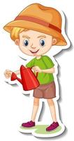 A boy holding watering can cartoon character sticker vector