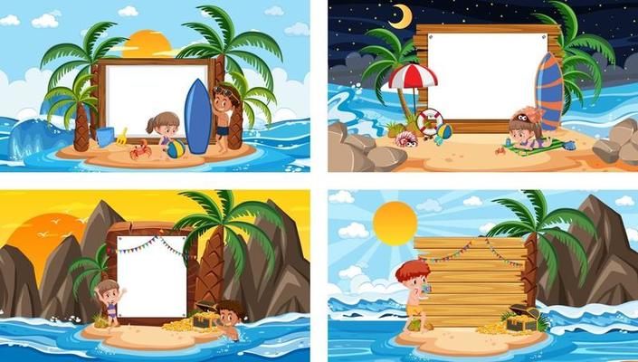 Set of different tropical beach scenes with blank banner