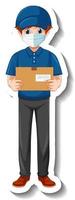 A sticker template with delivery man in uniform holding boxes vector